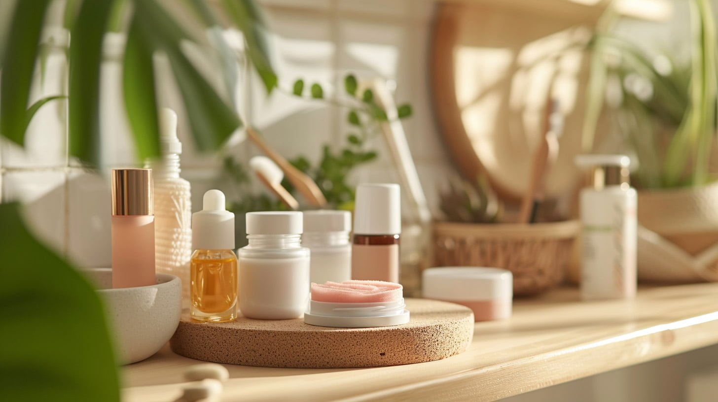 Lupų priežiūros odos priežiūros produktų indeliai ant švaraus vonios kambario stalviršio.