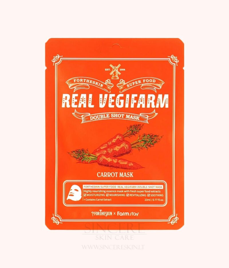 Fortheskin Super Food Real Vegifarm Double Shot Mask Carrot – lakštinė veido kaukė su morkų ekstraktu kaina korejietiska kosmetika