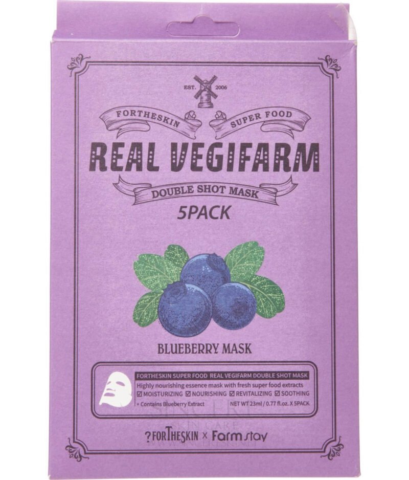 Fortheskin Super Food Real Vegifarm Double Shot Mask Blueberry – lakštinė veido kaukė su melynių ekstraktu kaina korejietiska kosmetika