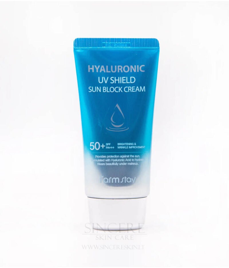 FarmStay Hyaluronic UV Shield Sun Block Cream – apsauginis kremas nuo saulės su hialurono rūgštimi kaina korejietiska kosmetika