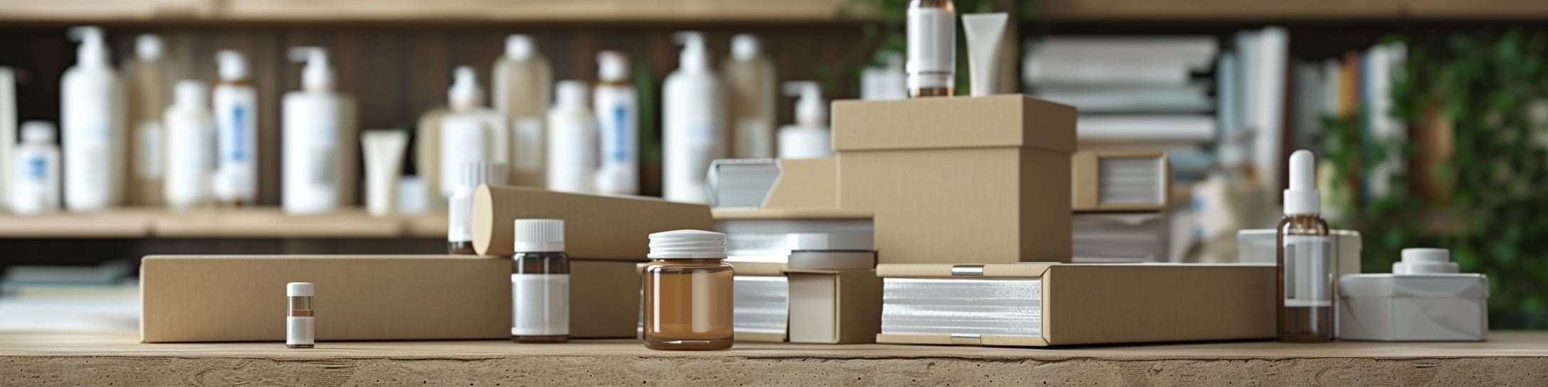 Kartoninės dėžutės ant stalo paviršiaus, šalia kosmetikos produktai paruošti siuntimui