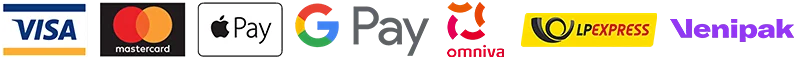 Visa, Mastercard, Apple Pay, Google Pay, Omniva, LP Express, Venipak mokėjimo priemonių ir vežėjų logotipai